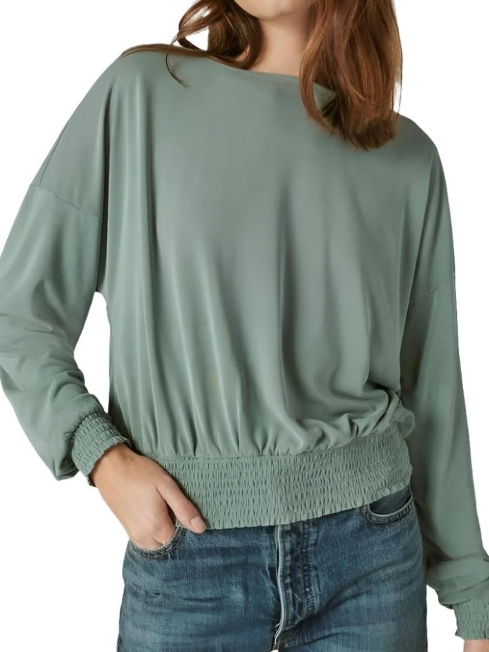 Lucky Brand Sage Green Smocked-Hem Boatneck Top, Size XL‎